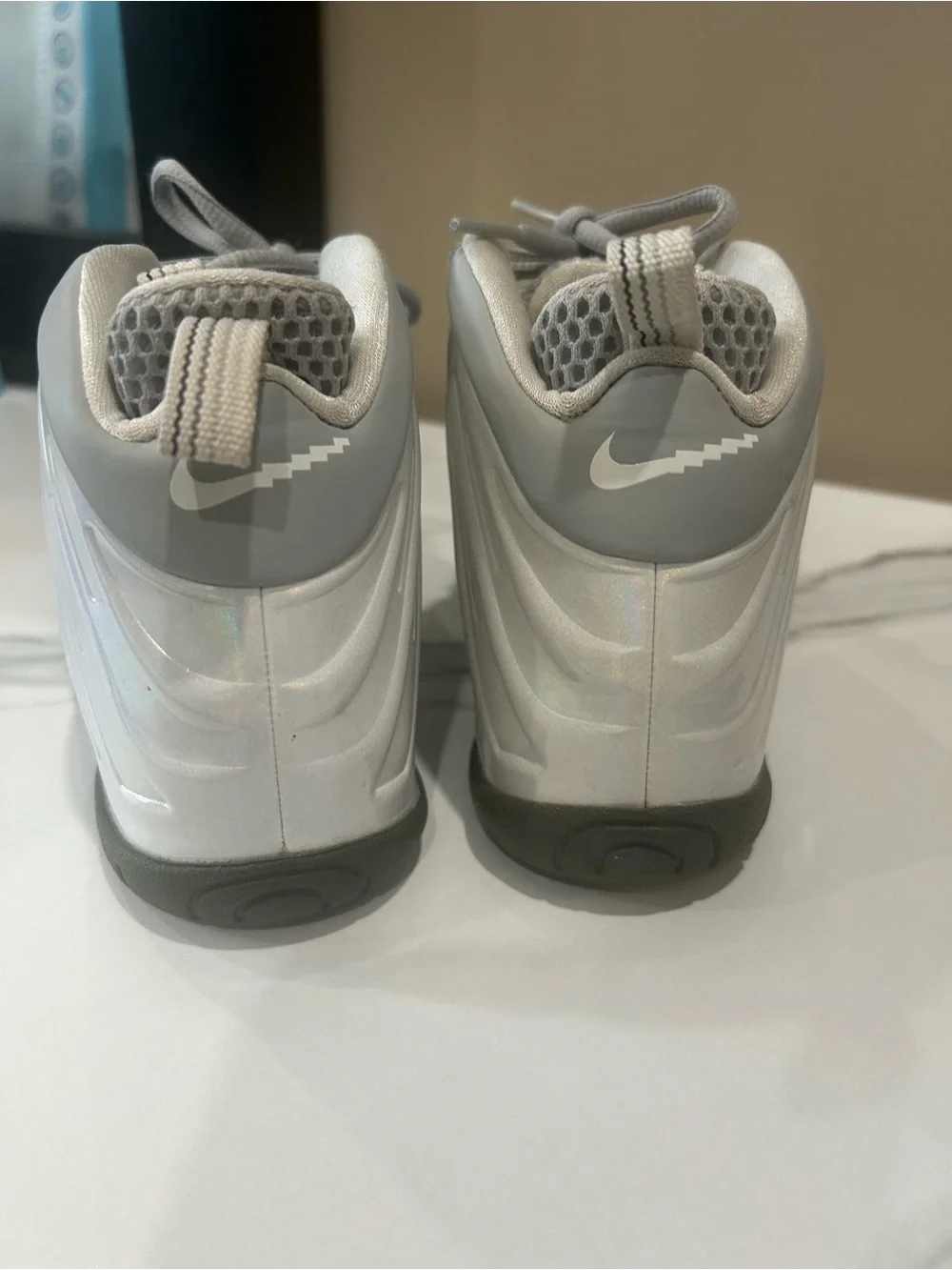 Nike Little Posite One Foamposite Kids 1Y Iridescent White Grey Sneakers